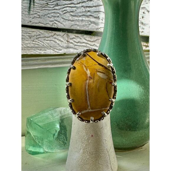 Brecciated Jasper Heavy Sterling Silver Ring Fancy Prong Setting - Picture 6 of 7